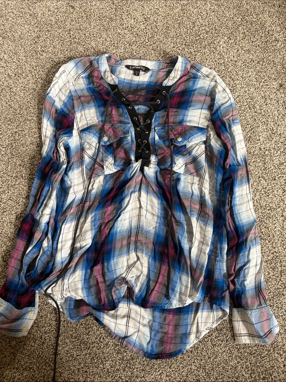 🛍️Express Plaid Lace-Up Shirt in Blue, Purple & White